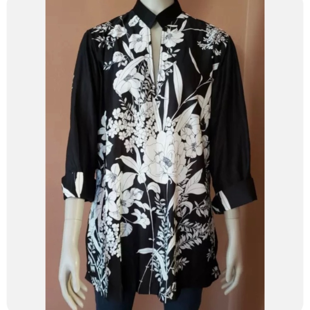 Lady Winn California TEDDI 3/4  Tunic Blouse 38 Medium Vintage 70s Black White